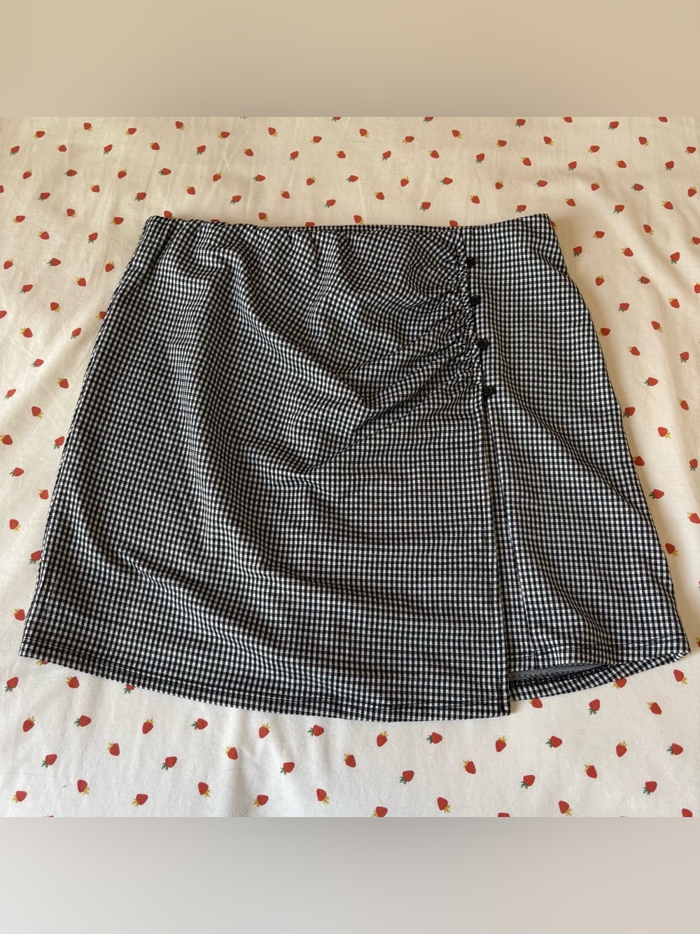 Black and White Gingham Ruched Side Skirt with Elastic Waistband W/Small